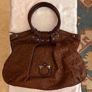 Salvatore Ferragamo Gancini Celtico Ostrich leather brown bag handbag satchel